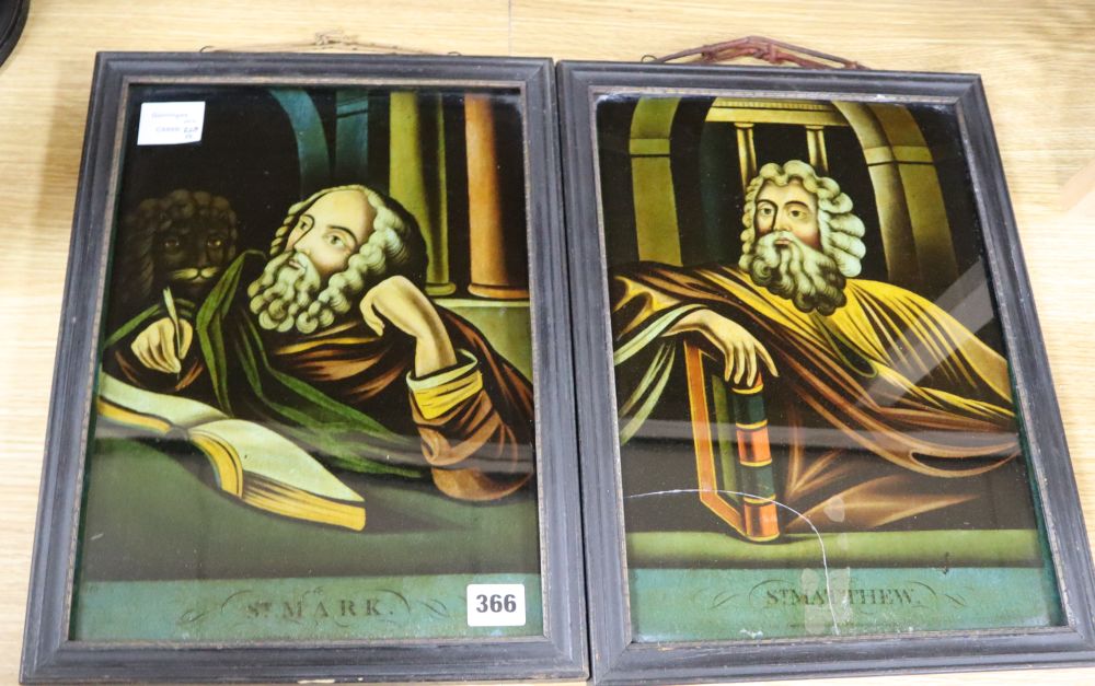 A pair of reverse glass pictures of St Mark and St Matthew, width 25cm height 35cm